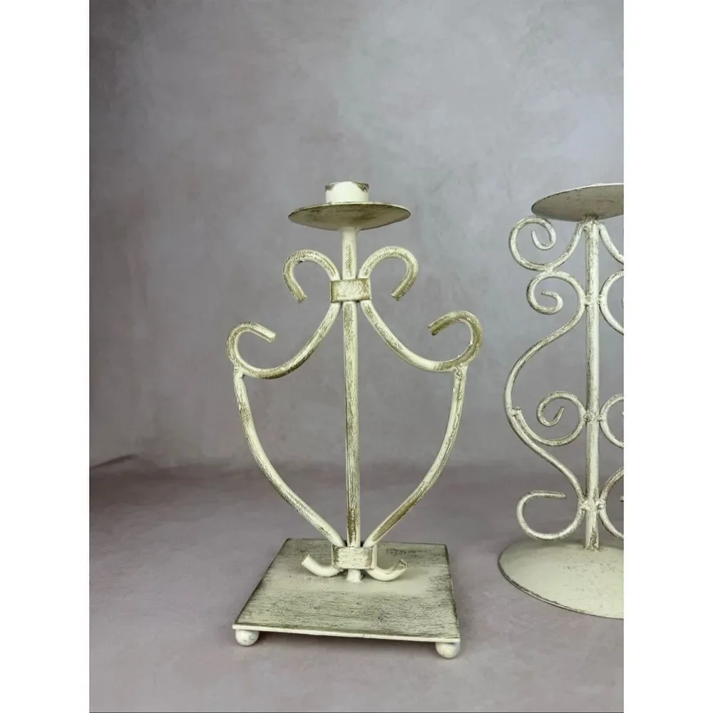 Vintage 90s Ivory Iron Candlestick Holders Scroll Cottagecore Shabby Chic Set of